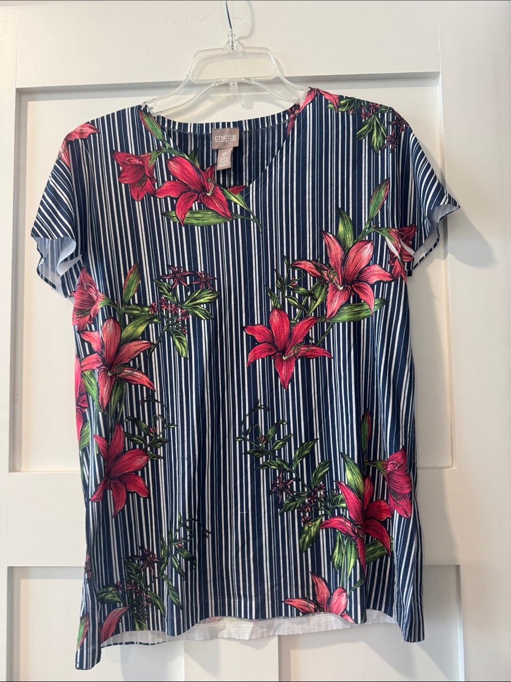 Chico's Navy Striped Top with Pink Floral Motif